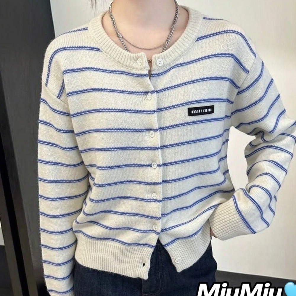 Miu Miu Cream and Blue Striped Button-Front Cardigan